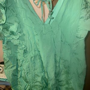 Green ruffle sleeve blouse